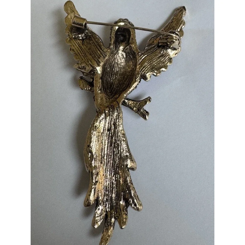 Vintage Pink Purple Rhinestone Bird of Paradise Brooch AB Blue Tail Gold Tone‎